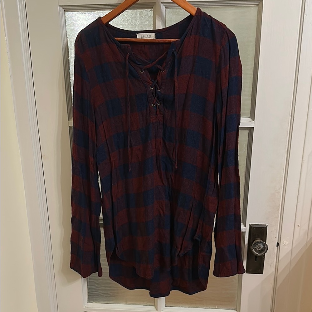 Bella Dahl Red and Blue Checkered Lace-Up Top